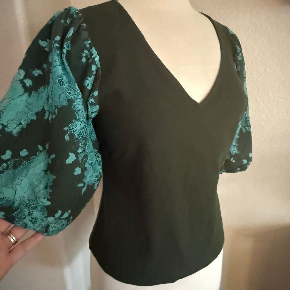NWOT Anthropologie Dolan Womens V-neck Lace Puff Sleeve Top Holly Green Large - Picture 9 of 15